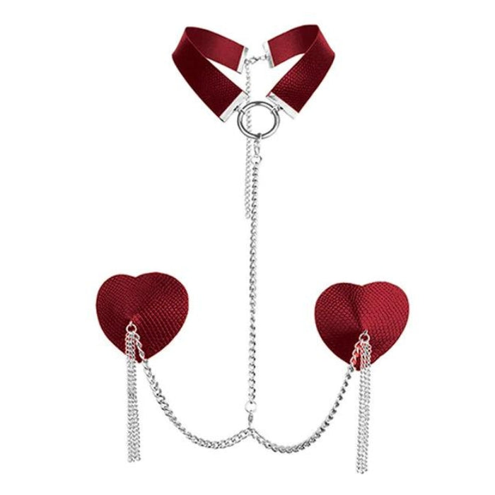 Nipplicious Dominatrix Leather Collar and Heart shaped Pasties with Chains, colour red. These sexy, erotic pasties not only bring out your individual erotic flare, but will drive your lover wild with intense passionate excitement!