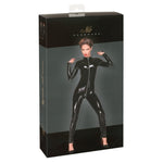 Sensual, shiny jumpsuit for a daring appearance. A decorative 3-way metal zipper extends from the front of the collar to the crotch. The long sleeves and legs have additional metal zippers to make it easier to put on and take off. Size medium.