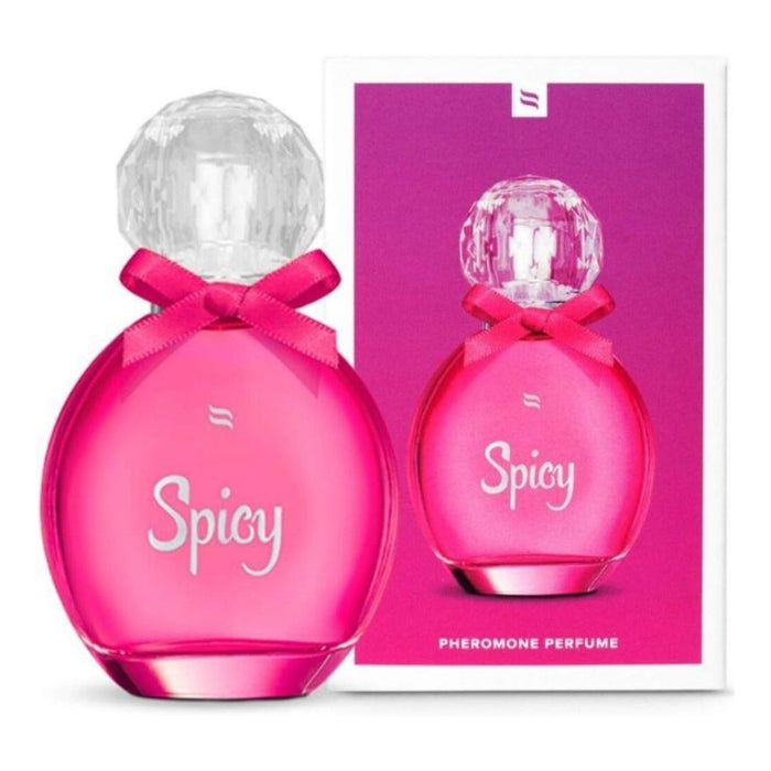 Obsessive pheromones perfume mixtures have been created to make a woman feel absolutely amazing! Uplifting scents in a 30ml glass bottle with crystal-shaped top and a cute bow. Spicy is a tempting perfume with piquant character. Oriental-floral fragrance. Top notes: jasmine, gardenia, ylang-ylang, bergamot, Amalfi lemon, tangerine, blackcurrant and truffle.
