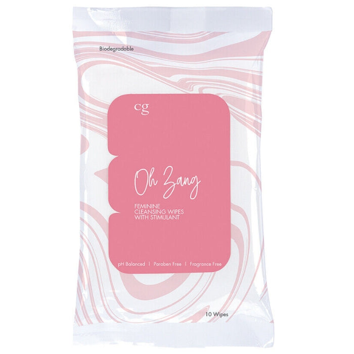 Give yourself a pick me up with Oh Zang. Refreshing and cleansing, these gentle wipes also provide a little zing so you feel prepped for play anywhere, anytime. Removes odor-causing bacteria, pH balanced, Free from dyes and parabens, Gently cleanses & freshens, Convienient on-the-go packaging,10 Wipes per pack.
