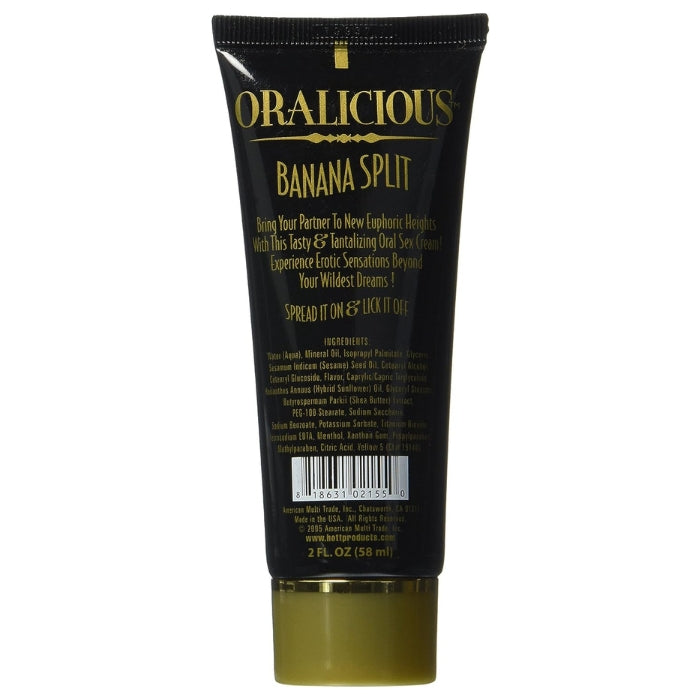 Oralicious oral sex cream brings a whole new level of excitement when it comes to intimate play! This amazing cream not only numbs and tickles the throat, but also has a smooth, cooling, rich taste and aroma of Banana Split. Comes in 58ml tube.
