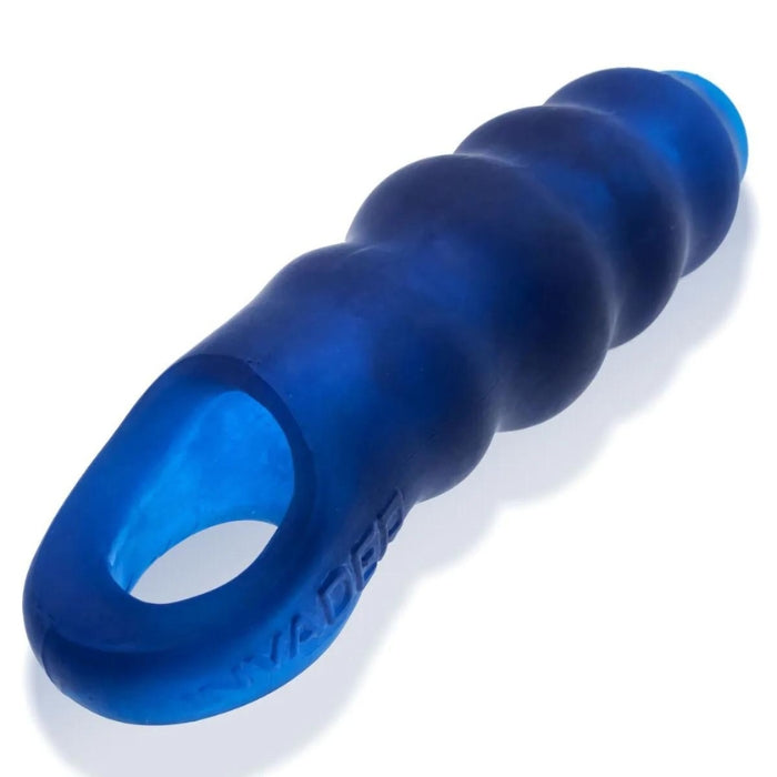 Open-ended sheath with wavy ripples on the shaft, and texture inside, So everyone gets max stimulation. Made of PLUS+SILICONE™, Oxballs slick soft silicone & stretchy TPR blend. It has a sling base that keeps the sheath in place, no straps or harness needed.