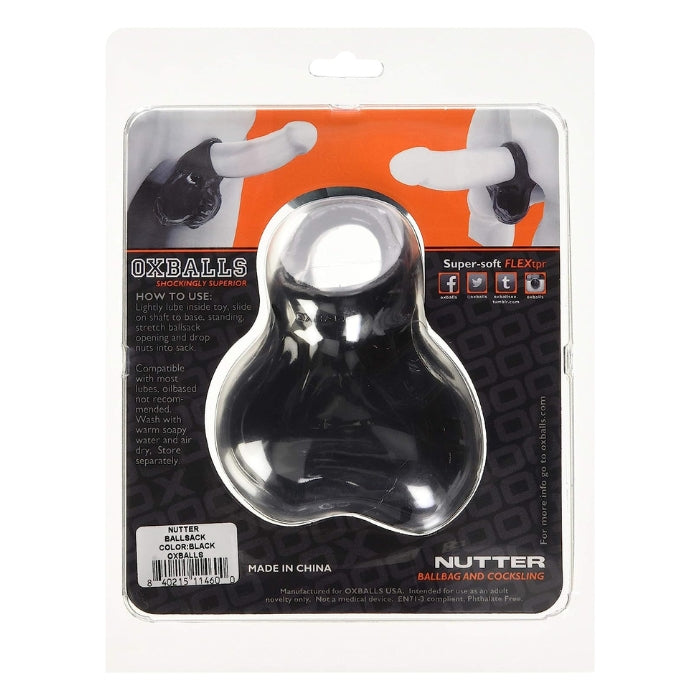 The Nutter was made to encase your balls and plump up your package. The Nutter has a built in cocksling with a stretchy sack for your scrotum. Wear it for an intense session or under your clothes to create a bulge. The sack features a drainage hole that doubles as a contact opening for electro contacts points, for those who enjoy a more shocking experience. Made from FLEX TRP. Cock and Ball hole Circumference:10.80cm, Cock hole Circumference: 8.23cm, Ball hole Circumference: 8.23cm.