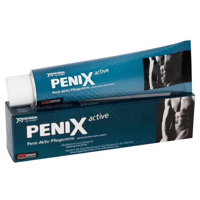 The penis active care cream especially for the care of the penis and testicles. Cosmetic care products and active ingredients support your genital area in a valuable way and can promote fulfilled sexuality. Using PeniX active promotes blood circulation in the penis and testicles. For external use only. 75 ml tube.