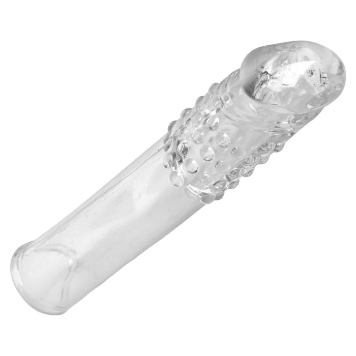 Our penis sleeves offer that extra bit of an extension. This clear penis sleeve is firm and fits most penises. With a thick solid tip, here is where the extension has about 2cm extra firm length. This product fits over entire penis and may also delay ejaculation.