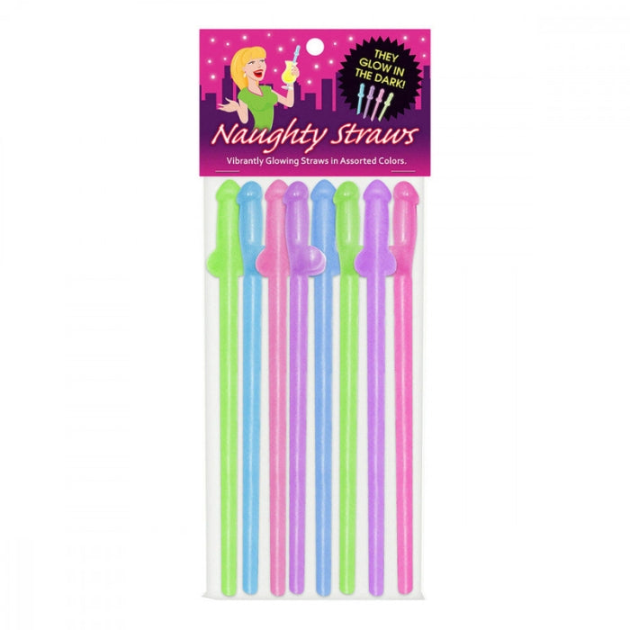 Vibrantly glowing penis straws in assorted colors! Hold under a bright light for 1-2 minutes, go into any dark room and add a little naughtiness to all of your favorite beverages! Perfect for bachelorette parties, pride events or to add some humour and fun to your next event.