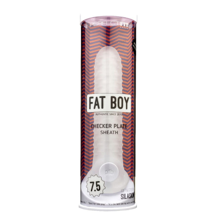 Fat Boy Checker Box Sheath 7.5 inches Clear from Perfect Fit Brand. Like our original Fat Boy penis sheath, but with a new textured surface. Adds noticeable girth to your penis without being too much for your partner to handle. Made of super soft and stretchy SilaSkin, it is designed to give both partners intense pleasure.