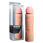 Magnum Xtender extends your penis by 1.75 inches and increases your girth .3 inch all the way around! Your partner will love the new you. Its material was developed to mimic the feel of the human body. Magnum Xtender warms to body temperature and has just the right amount of give. Length 9 inches, insertable length 9 inches, width 2.75 inches, circumference 8.5 inches.