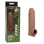 Take it to new lengths with the Performance Maxx Life Like Extension 7 inches brown. Penis Sleeve with Hollow design adds 2 inches to your length for an enhanced pleasure experience. The built in Scrotum strap and thick Sleeve provide added erection support and increased stamina to prolong and intensify pleasure for both partners. Measurements 5 inches Hollow Shaft. 7.25 inches by 1.5 inches overall.