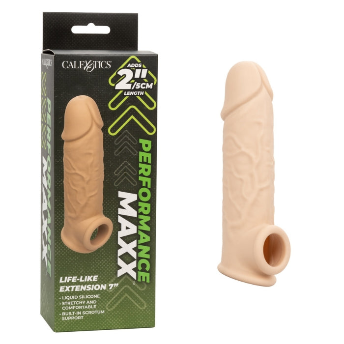 Take it to new lengths with the Performance Maxx Life Like Extension 7 inches. Penis Sleeve with Hollow design adds 2 inches to your length for an enhanced pleasure experience. The built in Scrotum strap and thick Sleeve provide added erection support and increased stamina to prolong and intensify pleasure for both partners. Measurements 5 inches Hollow Shaft. 7.25 inches by 1.5 inches overall.