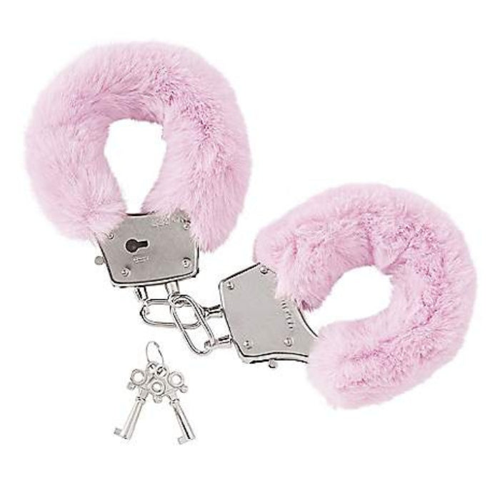Pink fluffy handcuffs with keys. Playful yet loads of fun. Start your bondage fantasies with this little accessory.