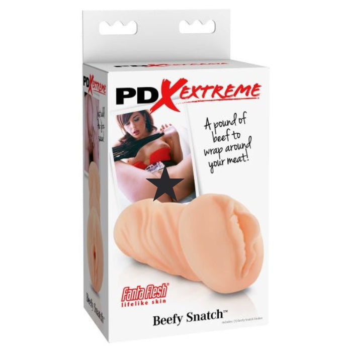 Pipedream Extreme Beefy Snatch Real Feel Mastubator. Depth 3 inches, width 4.5 inches, height 8.5 inches. Clean before and after every use with a toy cleaner and also use a renewing powder to help the longevity of your product.