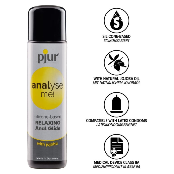 Pjur Analyse Me Silicone lube is the go to choice, for users who would like to experience relaxing anal sex. Created with Jojoba this lube helps sooth and moisturise delicate skin, resulting in a muscle relaxing effect. The Silicone provides a longer lasting lubrication that does not absorb into the skin, making for an extra glide able surface. Suitable for use with condoms.