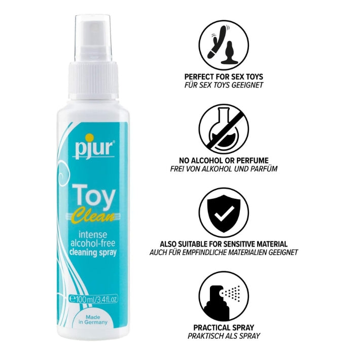Pjur Toy Cleaner - Alcohol Free (100ml), the perfect solution for keeping your intimate toys clean, safe, and ready for pleasure. This specially formulated toy cleaner is designed to effectively remove dirt, bacteria, and residue from all types of adult toys. With its alcohol-free formula, it provides a gentle and non-irritating cleaning experience, ensuring the longevity of your favorite toys.
