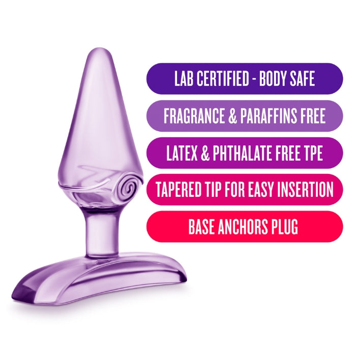 Lab certified body safe. Fragrance & Paraffins free. Latex & Phthalate free TPE. Tapered Tip for easy insertion. Base anchors plug.