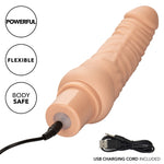The power packed vibrator features a flexible real feel design and 12 functions of vibration. he powerful motor located in the tip of the massager delivers deep, rumbling vibrations. Whether you're taking a dip with a lover or indulging in a steamy solo session, look forward to up to 1 hour of waterproof vibration. Recharge pleasure and get back to play time in only 1.5 hours with the provided USB cable. Measurements 6.75 inches by 2 inches vibrator.