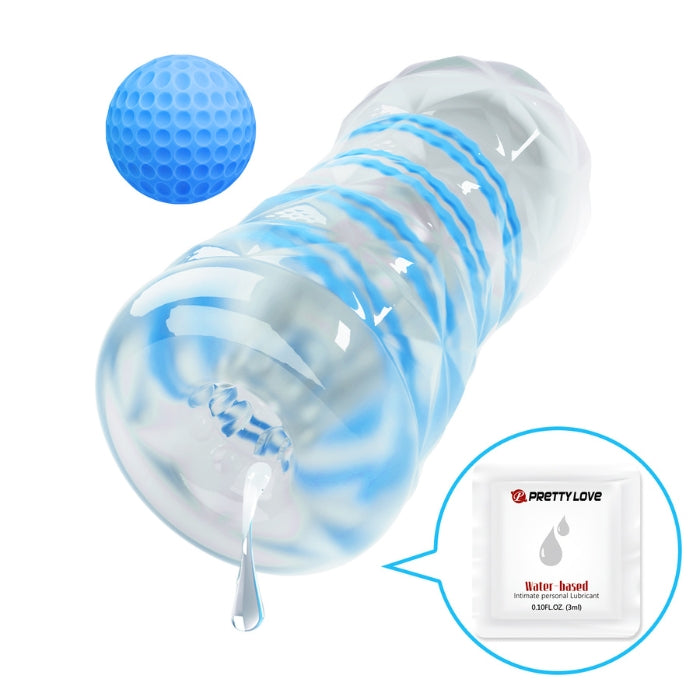 This transparent, reusable masturbator is with an whirl coil and a stimulation ball in side, the whirl coil causes the masturbator to twist during penetration and the ball on the top can stimulate the right point and give you a new sensation. The sleeve features an exciting stimulating texture inside which massages the penis. Reusable and easy to clean.