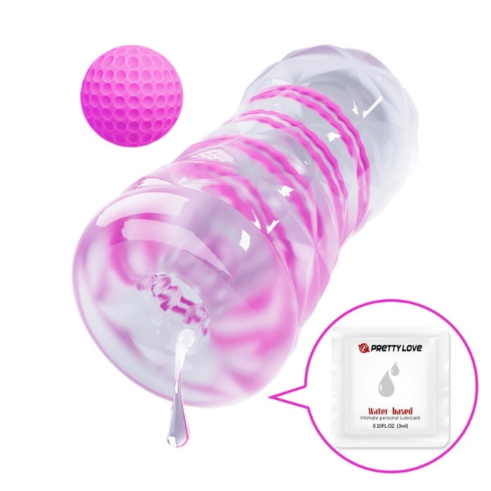 This transparent, reusable masturbator is with an whirl coil and a stimulation ball in side, the whirl coil causes the masturbator to twist during penetration and the ball on the top can stimulate the right point and give you a new sensation. The sleeve features an exciting stimulating texture inside which massages the penis. Reusable and easy to clean.