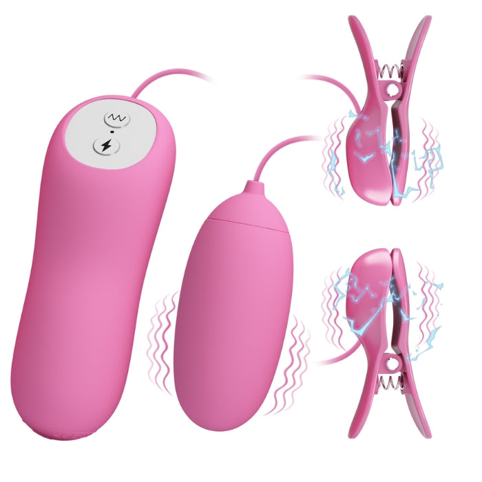 Make your nipples and vagina tingle with joy with these vibrating egg and nipple clamps. Fully adjustable to fit any shape and size nipples to ensure maximum comfort. It has 7 functions of vibration,1 function and 3 intensity levels of electric stimulation. Takes 2 AAA Batteries (not included).