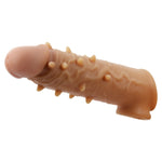 The sleeve is made from skin-like liquid silicone for that ultra-realistic feeling and is expertly sculpted to have a lifelike look. This natural-feeling penis extension sleeve fits over your erection with a comfortable, hollow shaft and a testicle ring for a secure fit that won't budge during play. The thick sleeve walls and nodules around the sleeve add more stimulation for both you and your partner.