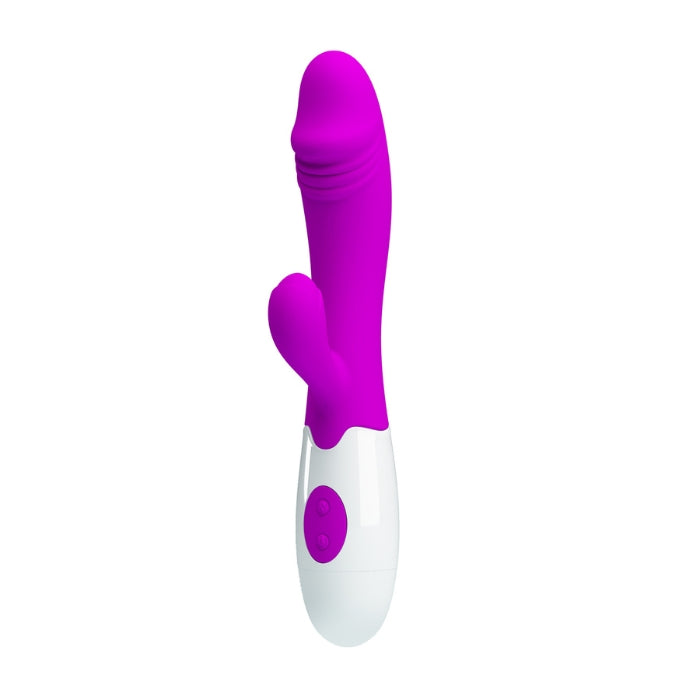 Take control of your pleasure with the versatile 30 function rabbit vibrator that boasts a sleek and elegant design at a great price. Dual clitoral and vaginal stimulation is made easy with the smooth silicone surface that's contoured to hit your pleasure spots while the incredible array of vibration modes give you plenty of variety. Takes 2 AAA batteries (not included).