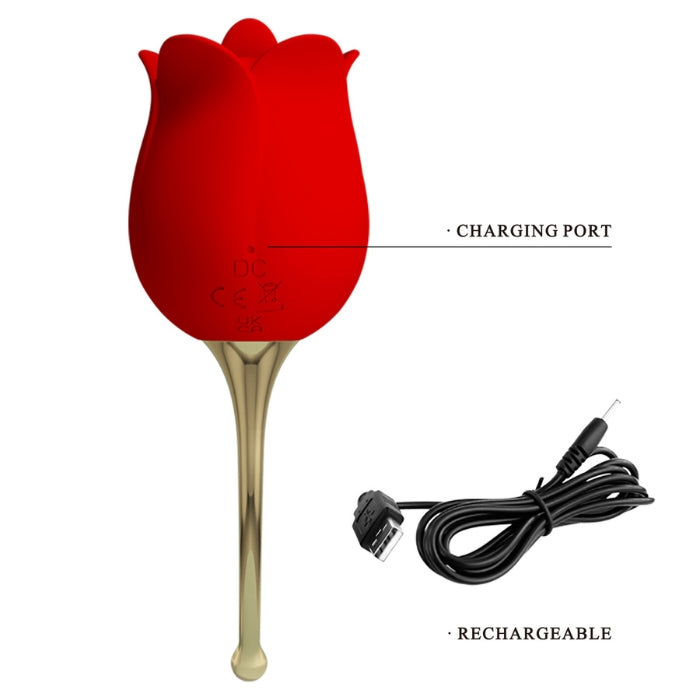 Rose Lover Vibrator Tongue licking rose vibrator is a female intimate product that can stimulate the private parts to orgasm. Shaped like a lifelike rose, this vibrator can be taken anywhere. Press and hold the power button for 2 seconds to turn on, the red light is on, press the power button again, you can start to enjoy 12 strong swing and vibration frequencies respectively. Safe and silky silicone material, USB rechargeable.