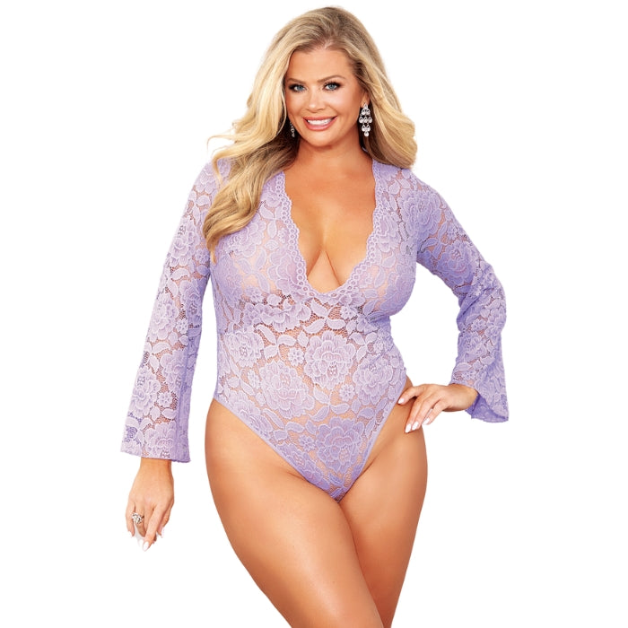 This gorgeous Lavender/Lilac piece features a deep V neckline that accentuates your bust, while the long bell-shaped sleeves add a touch of vintage charm. This bodysuit teddy offers a comfortable and flexible fit, while the open back design adds an air of seduction and sensuality. The adjustable neck closure ensures a perfect fit every time, while the thong back of the bodysuit teddy is perfect for showing off your curves and accentuating your backside. Size 2XL, 3XL and 4XL