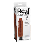 Real Feel Lifelike Toyz No. 1 Dark 7.25inch Vibrator. Enjoy the Real Feel of super soft, lifelike skin with this incredibly realistic vibe. Realistic vibrator features are realistic head followed by exaggerated folds, creases and thick veins for extra stimulation. Waterproof to try it in the shower or spa and turn bath time into pleasure time! Vibrator measures 8 inches long with insertable length of 7.25 inches by 1.75 inches wide. Girth 5.25 inches around. Requires 2 AA batteries, not included.