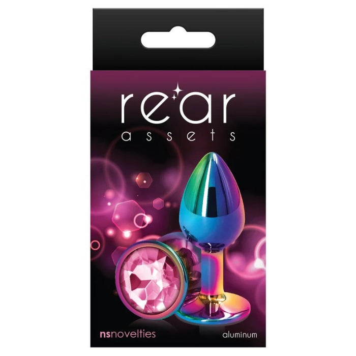 Rear Assets Rainbow Anal Plug with Pink Stone Round - Small. Anal play has never been a prettier sight with this gorgeous jeweled, steel anal plug. Bulbous in form, a tapered tip ensures an easy introduction, while the broad steel bulb fills and satisfies. Perfect for anal enthusiast. 4.45cm / 1.75" maximum insertable length. 2.65cm / 1.05" maximum insertable width. 7cm / 2.75" overall length.
