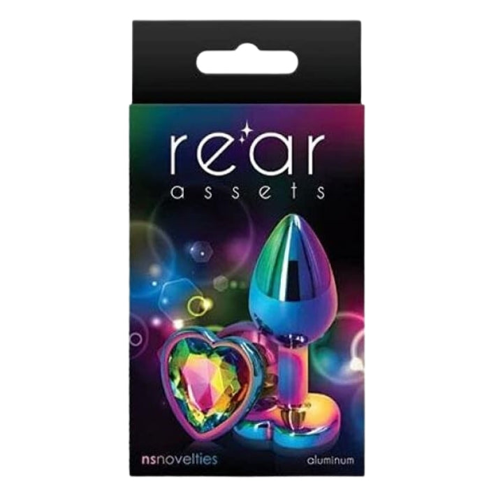 Rear Assets Rainbow Anal Plug with Rainbow Stone Heart - Medium. Anal play has never been a prettier sight with this gorgeous jeweled, steel anal plug. Bulbous in form, a tapered tip ensures an easy introduction, while the broad steel bulb fills and satisfies. Perfect for anal enthusiast.