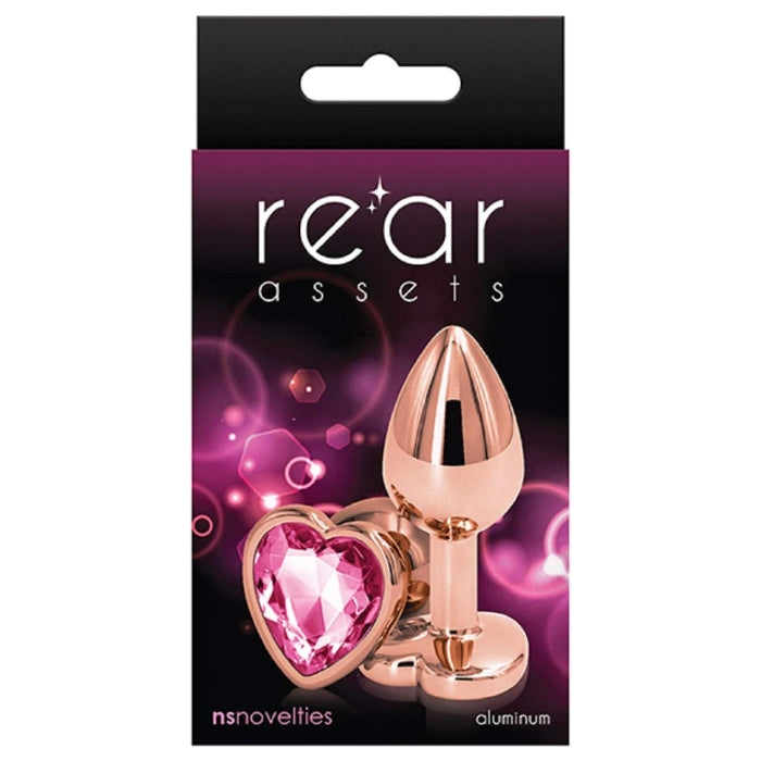 Rear Assets Rose Gold Anal Plug  with Pink Stone Heart - Small. Anal play has never been a prettier sight with this gorgeous jeweled, steel anal plug. Bulbous in form, a tapered tip ensures an easy introduction, while the broad steel bulb fills and satisfies. Perfect for anal enthusiast.