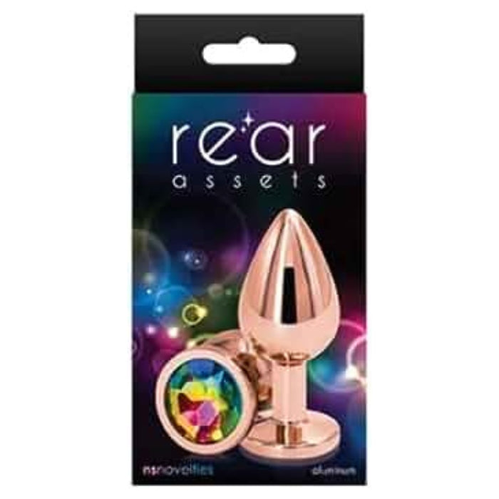 Rear Assets Rose Gold Anal Plug with Rainbow Stone Round - Small. Anal play has never been a prettier sight with this gorgeous jeweled, steel anal plug. Bulbous in form, a tapered tip ensures an easy introduction, while the broad steel bulb fills and satisfies. Perfect for anal enthusiast.