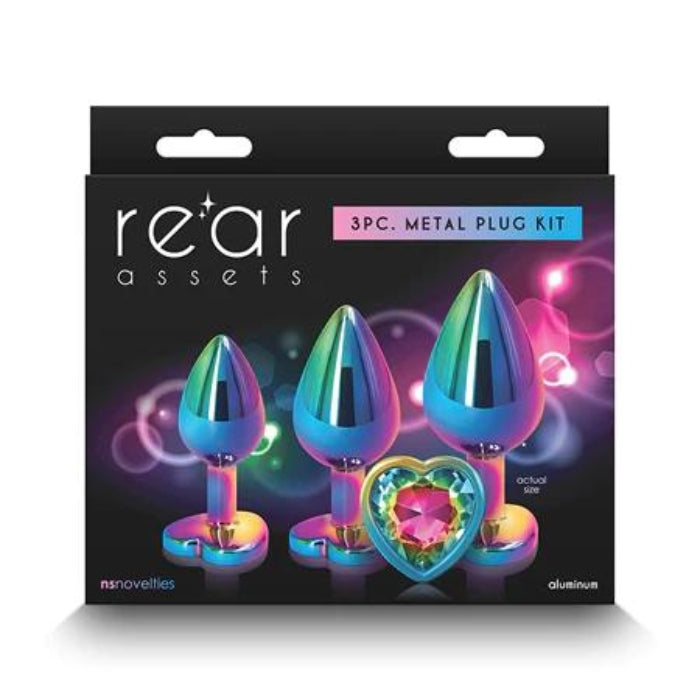 This dazzling anal trainer kit includes three chrome-plated heart jewel plugs in graduated sizes, shaped for effortless penetration. Ideal for training solo or with a partner, these are body safe and available in a variety of colors, shapes, and sizes. Suitable with all lubricants. Dimensions: S: 2.76 x 1.26 x 1.26 (Inches) M: 3.23 x 1.34 x 1.34 (Inches) L: 3.66 x 1.61 x 1.61 (Inches).