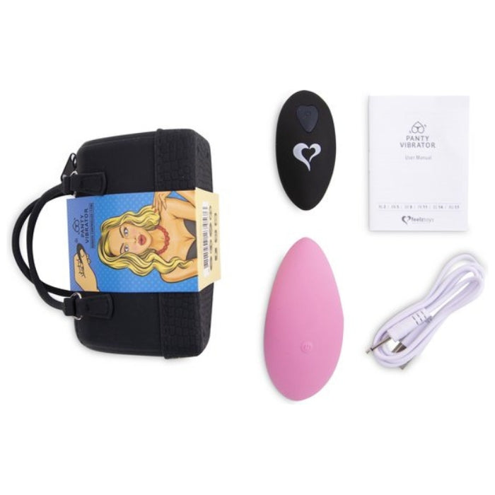 Feelz Panty Vibrator Pink comes with a manual, remote contril, USB charging cable and cute little black carry/storage bag.