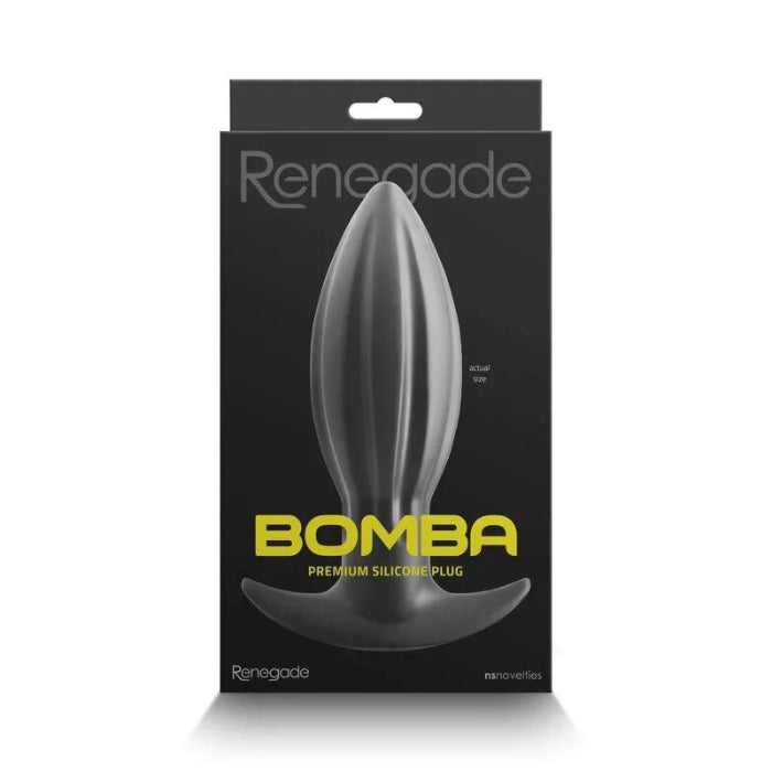 Renegade Bomba Anal Plug - Medium. Made of super soft and bouncy silicone, this plug can be manipulated to fit and expand on demand. 6.14" in total length. 4.92" in insertable length. 1.97" at widest insertable point.