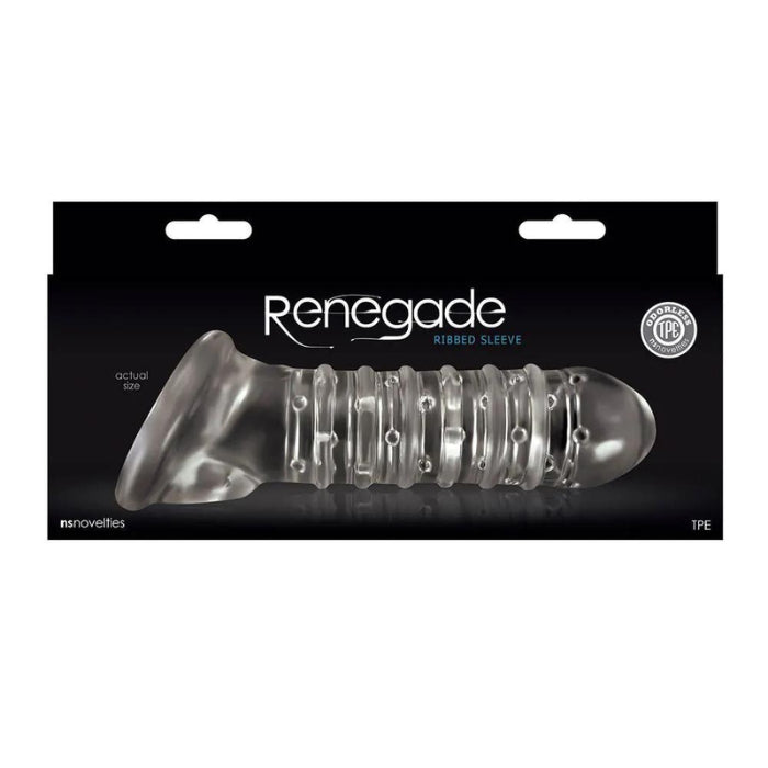 Renegade Ribbed Sleeve is a sleeve for the penis that is ribbed for extra pleasure. Renegade Ribbed Sleeve features a snug ball-drop to comfortably hold the scrotum and keep the sleeve in place. The sleeve has been designed with a textured outside as well as the inside for dual pleasure for both partners. Made from high-grade TPE.