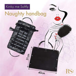 The Rianna S Kinky me softly black handbag kit, 7 piece is the perfect accessory for the adventurous and stylish woman who loves to explore her kinky side. This set of 7 includes a feather, nipple clamps, hand and ankle cuffs that can be attached or detached from a joiner, it also includes a blindfold and flogger with wrist band. All of this comes in a gorgeous fold out 40cm by 31cm black handbag.