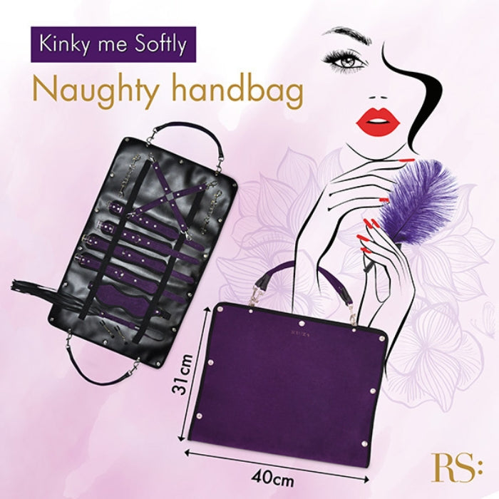 The Rianna S Kinky me softly purple handbag kit, 7 piece is the perfect accessory for the adventurous and stylish woman who loves to explore her kinky side. This set of 7 includes a feather, nipple clamps, hand and ankle cuffs that can be attached or detached from a joiner, it also includes a blindfold and flogger with wrist band. All of this comes in a gorgeous fold out 40cm by 31cm purple handbag.