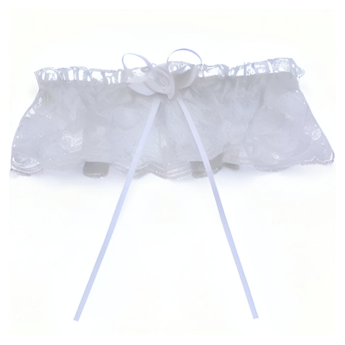Add a touch of elegance and romance to your bridal or boudoir look with our beautiful white satin and lace leg garter with satin rose and ribbon bow streamers. Made from high-quality materials, this garter features a comfortable satin band with delicate lace trimmings, which adds a feminine and luxurious touch.