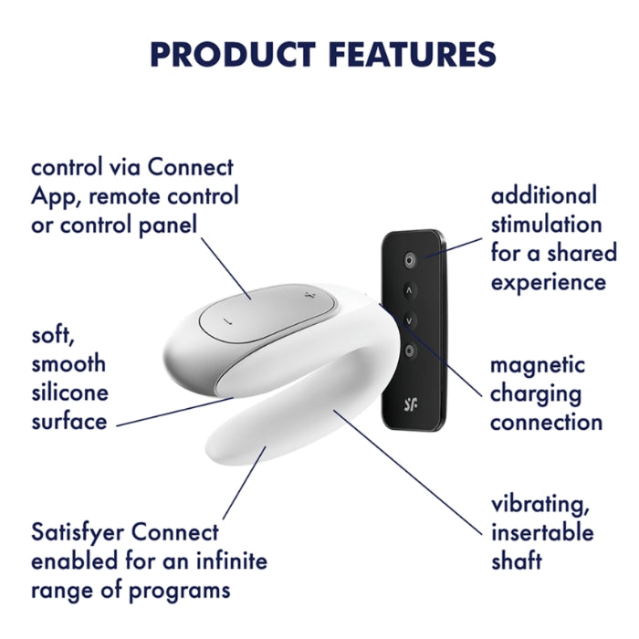 Product Features - Control via Connect App, remote control or the controls panel. Additional stimulation for a shared experience. Soft, smnooth silicone surface. Magnetic charging connection. Satisfyer Connect enables for an infinite range of programs. Vibrating insertable shaft.