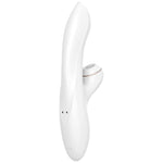 Angled/Back view showing magnetic charging connections. The Satisfyer Pro + G-Spot Rabbit uses non-contact pressure-wave technology to provide feelings of suction and pulsations, similar to the sensations you feel during oral sex. The flexible, elegantly curved shaft clings skillfully to your curves and seeks your G-spot. The Satisfyer Pro + G-spot Rabbit has 11 different pressure wave intensity settings, made up of 3 intensities and 7 rhythms. The Pro + G-Spot is waterproof and USB rechargeable.