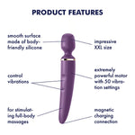 Smooth surface made of body safe silicone. Impressive XXL size. Extremely powerful motor with 50 vibration settings. Made for full-body massages. Magnetic charging connection.