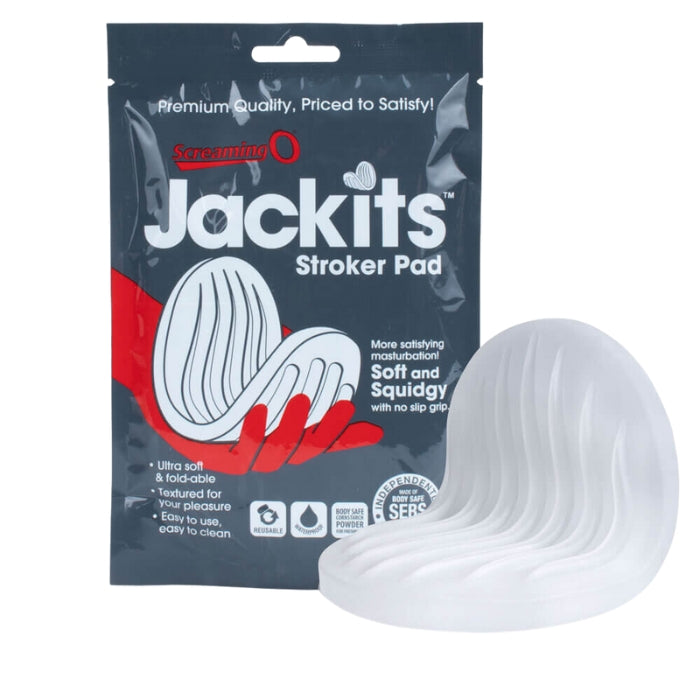 The Jackits Stroker Pad by Screaming O is an ultra soft, textured wrap around non vibrating pad that gives you more satisfying masturbation. Try a warming or tingling lube to mix it up a bit. The easy to clean and with a no slip grip Stroker Pad helps maintain firm control to the end and the best part is you can control how much pressure to apply. Made from body safe material and 100% waterproof.