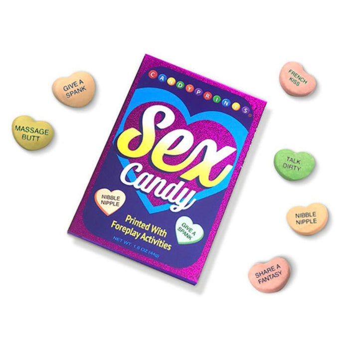 Sex Candy is a box of fun candies printed with suggestive messages and foreplay activities. Nutritional Info
