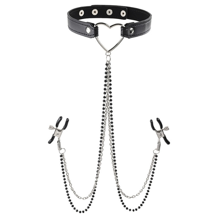 Amor Nipple Clamps. Designed for those who appreciate the art of sensual torment, these clamps bring a thrilling element to your BDSM adventures. With adjustable tension settings, you or your partner have the power to customize the intensity, creating a delicate balance between pleasure and a tantalizing ache. The heart choker adds a touch of romance to the experience, turning this BDSM essential into an accessory that both excites and enchants.