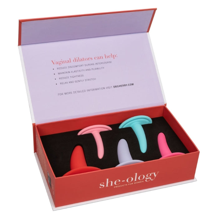 Revitalize and strengthen vaginal muscles with the contoured She-Ology 5 piece Wearable Vaginal Dilator Set. The uniquely designed dilator kit are curved and gradually sized to allow for gentle dilation. The premium Silicone Probes have a curved base for gentle insertion and stimulation, pair with a mini bullet for intensified sensation! Use the small dilator to begin and as you gentle exerciser and increase the elasticity of muscles, advance to the larger probes.