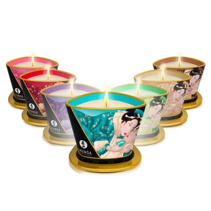 Shunga Body candles made with soy butter. This deliciously strong scented Green Tea candle is the perfect way to spoil your partner with endless body massages. Leaves skin soft and silky and can be used all over the body.