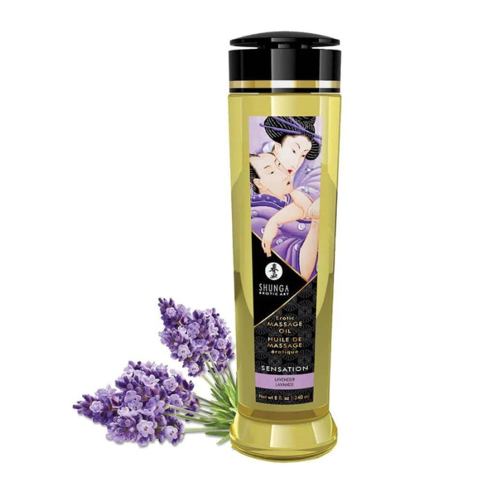 Massage Oil Stimulation Lavender from Shunga is made with 100% natural cold pressed oils. Vitamin E as an antioxidant. This 100% natural oil with intoxicating fragrances glides easily and smoothly over the skin without leaving a greasy residue. The perfect massage oil for a romantic evening of spoils.W