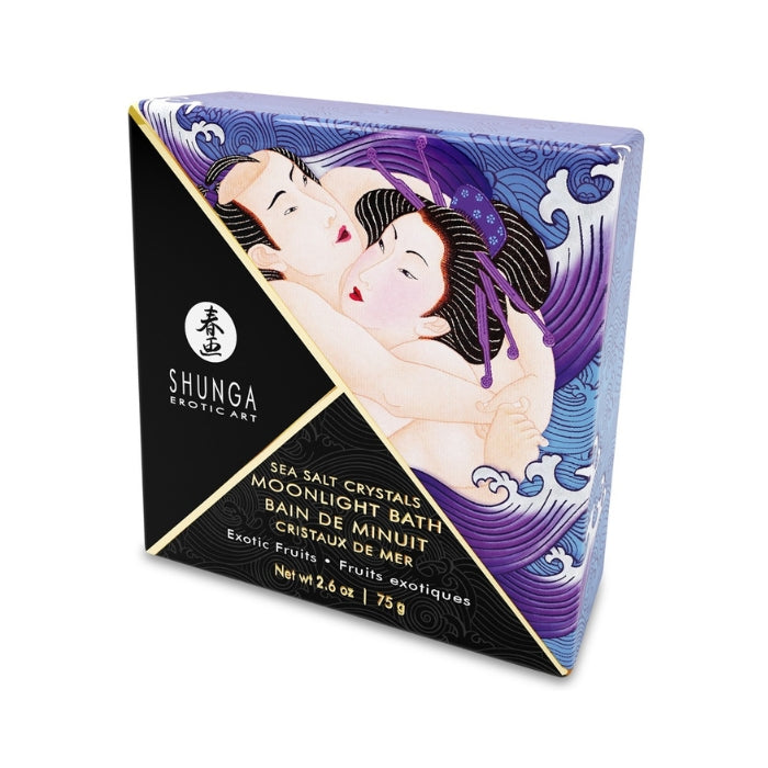 Sensual and pleasurable moments with colour, scent and nourishment! The luxurious Sea Salt Crystals Moonlight Bath Exotic Fruits from Shunga are perfect for a nourishing and pleasurable bathing experience which touches and seduces all the senses – alone or with a partner. The crystals make the bath water wonderfully soft and bubbly. They also turn the water a lovely purple colour without leaving any residue.