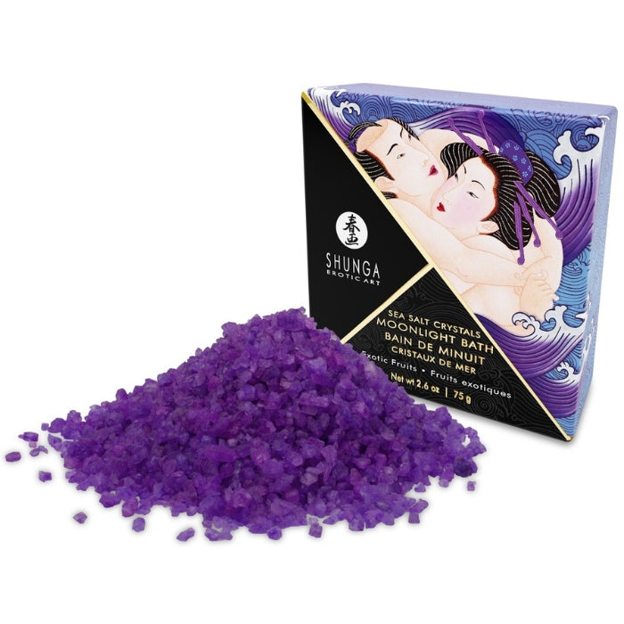 Sensual and pleasurable moments with colour, scent and nourishment! The luxurious Sea Salt Crystals Moonlight Bath Exotic Fruits from Shunga are perfect for a nourishing and pleasurable bathing experience which touches and seduces all the senses – alone or with a partner. The crystals make the bath water wonderfully soft and bubbly. They also turn the water a lovely purple colour without leaving any residue.